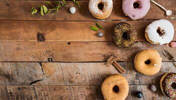 Copy Space image of Variety of donuts over a rustic background shot from overhead photo