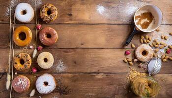 Copy Space image of Variety of donuts over a rustic background shot from overhead photo