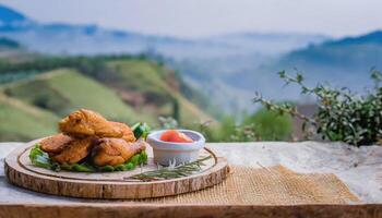 Copy Space image of Fried and Crispy Chicken Gizzards on a Rustic Wooden Table with landscape view background. photo