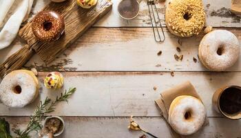 Copy Space image of Variety of donuts over a rustic background shot from overhead photo
