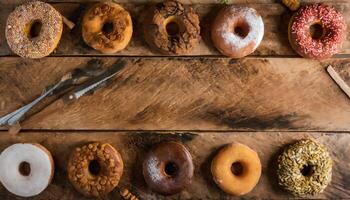 Copy Space image of Variety of donuts over a rustic background shot from overhead photo