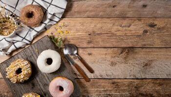 Copy Space image of Variety of donuts over a rustic background shot from overhead photo