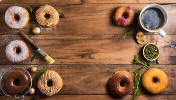Copy Space image of Multi colored assortment of donuts with sprinkles and frosting on dark black wooden photo
