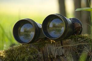 Vintage binoculars resting on mossy tree stump in forest setting photo