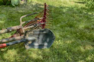 Gardening tools resting on green grass in a sunny garden photo