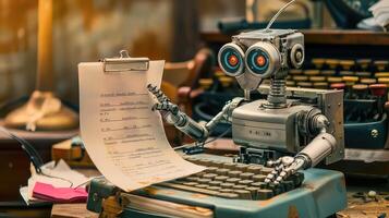 Robot working at computer. Machine typing on keyboard in office. photo