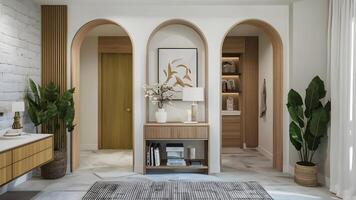 Luxury villa on the coast in the style of light filled interiors, arched doorways. photo