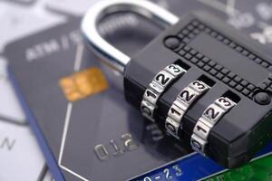 Secure Shopping. Credit Card with Lock Symbolizing Data Protection and Online Security photo