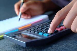 women hand using calculator on offie desk. photo