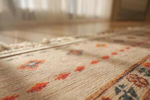 A patterned rug rests on the flooring beside a mirror photo