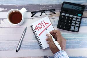 401k word on notepad with calculator and coins. photo