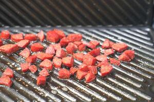 slice of salami sausage on the grill photo