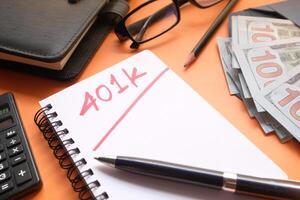 401k word on notepad with calculator and coins. photo