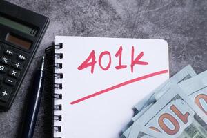 401k word on notepad with calculator and coins. photo