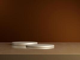 3d display product minimal scene with geometric podium platform. cylinder background 3d rendering with podium. stand for cosmetic products on brown background. Stage showcase on pedestal 3d photo