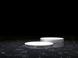 3d display product black minimal scene with geometric podium platform. cylinder background 3d rendering with podium on marble floor. stand for cosmetic products. Stage showcase on pedestal 3d studio photo