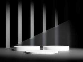 3d display product minimal scene with geometric podium platform in black background. cylinder background 3d rendering with podium. stand for cosmetic products. Stage showcase on pedestal studio photo