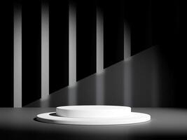 3d display product minimal scene with geometric podium platform in black background. cylinder background 3d rendering with podium. stand for cosmetic products. Stage showcase on pedestal studio photo