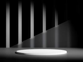 3d display product minimal scene with geometric podium platform in black background. cylinder background 3d rendering with podium. stand for cosmetic products. Stage showcase on pedestal studio photo