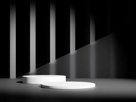 3d display product minimal scene with geometric podium platform in black background. cylinder background 3d rendering with podium. stand for cosmetic products. Stage showcase on pedestal studio photo