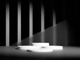 3d display product minimal scene with geometric podium platform in black background. cylinder background 3d rendering with podium. stand for cosmetic products. Stage showcase on pedestal studio photo