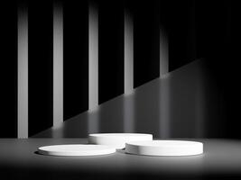 3d display product minimal scene with geometric podium platform in black background. cylinder background 3d rendering with podium. stand for cosmetic products. Stage showcase on pedestal studio photo