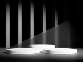 3d display product minimal scene with geometric podium platform in black background. cylinder background 3d rendering with podium. stand for cosmetic products. Stage showcase on pedestal studio photo