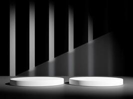 3d display product minimal scene with geometric podium platform in black background. cylinder background 3d rendering with podium. stand for cosmetic products. Stage showcase on pedestal studio photo