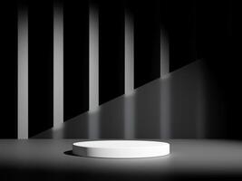 3d display product minimal scene with geometric podium platform in black background. cylinder background 3d rendering with podium. stand for cosmetic products. Stage showcase on pedestal studio photo