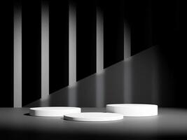 3d display product minimal scene with geometric podium platform in black background. cylinder background 3d rendering with podium. stand for cosmetic products. Stage showcase on pedestal studio photo