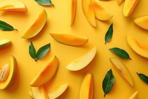 ripe sweet slices of mango fruit and leaves pattern on bright yellow background top view photo
