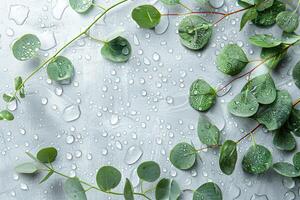 top view border frame with eucalyptus leaves and water drops on light gray background with copy space photo