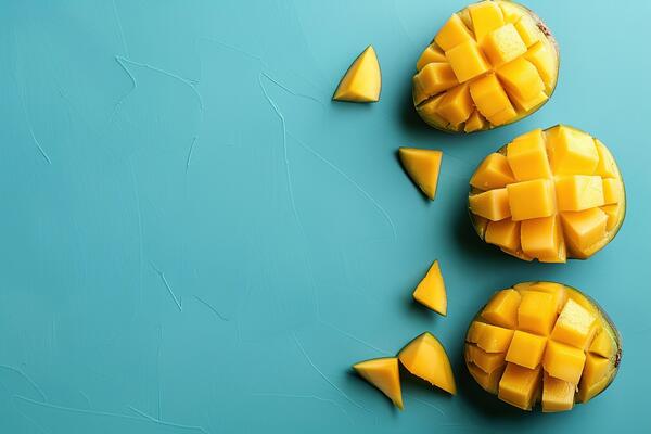 top view template with delicious ripe sliced mango fruits on blue background with copy space