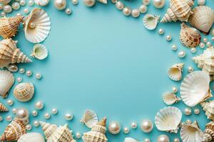 beautiful border frame template of various shells and pearls on light blue background top view with copy space photo