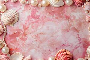 border frame template of various shells and pearls on pink marble stone background flat lay with copy space photo