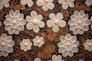 textured abstract beige color lace background with floral motifs top view on dark background photo