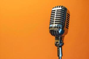 banner with retro microphone on a red background with copy space photo