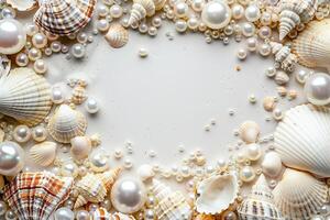 border frame template of various shells and pearls on white background top view with copy space photo