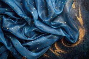 fabric background dark blue silk textile with gold specks on it photo