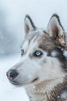 siberian husky dog with a blue eyes is standing in the snow with blurred bokeh background photo