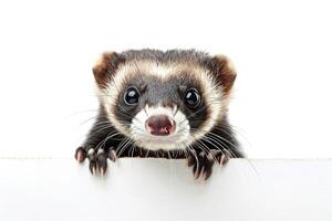template of cute young ferret peeking out from behind white background photo