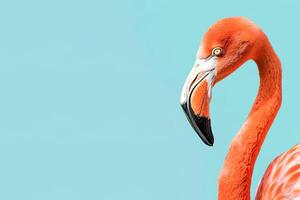A flamingo is standing in front of a blue background photo