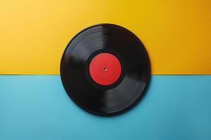top view one vinyl record on blue and yellow background flatlay in retro style photo