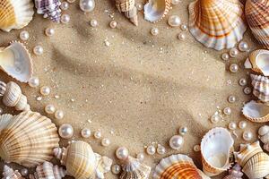 beautiful border frame template of various shells and pearls on sand background top view with copy space photo