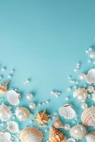 vertical border frame template of various shells and pearls on light blue background top view with copy space photo
