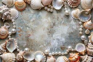 border frame template of various shells and pearls on grey concrete stone background top view with copy space photo