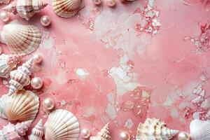 border frame template of various shells and pearls on pink marble background top view with copy space photo