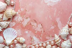 border frame template of beautiful shells and pearls on pink marble background top view with copy space photo