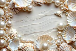 border frame template of various shells and pearls on beige background top view with copy space photo