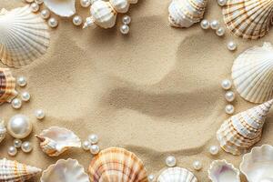 border frame template of various shells and pearls on sand background top view with copy space photo